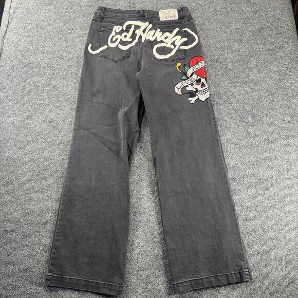 Y2K Ed Hardy Love Kills Slowly Black Wide Leg Baggy Embroidered Jeans Size 30 - Picture 1 of 9